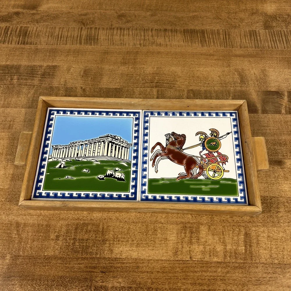 Vintage Greek Ceramic Tile‎ Art Trivet w/ Wood Frame Wooden Tray